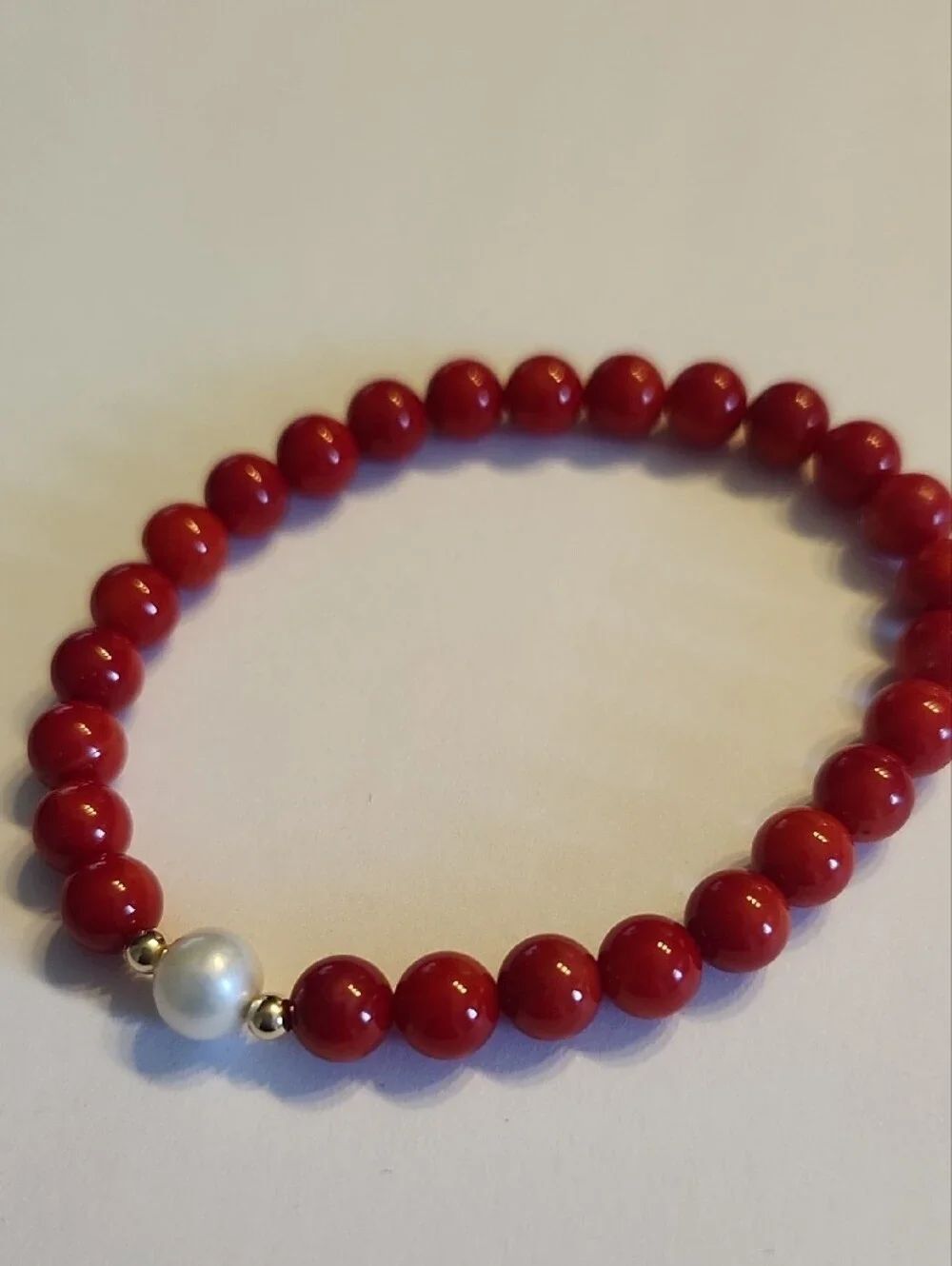 14K Solid Gold Freshwater Pearl And Coral Beaded Stretch Bracelet